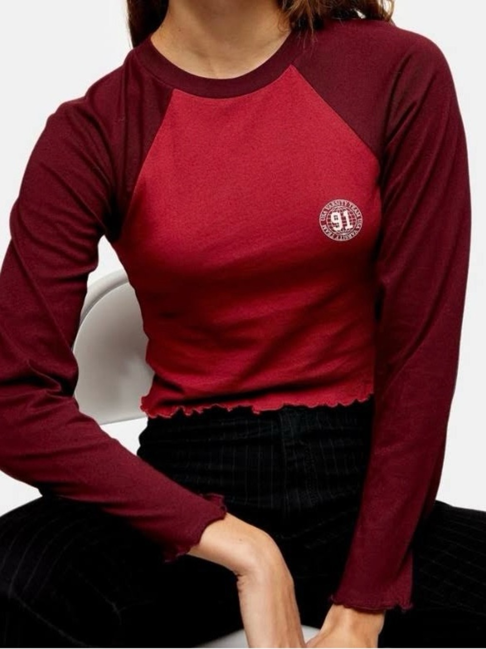 Topshop Red Varsity Raglan Long Sleeve Crop Top NWT